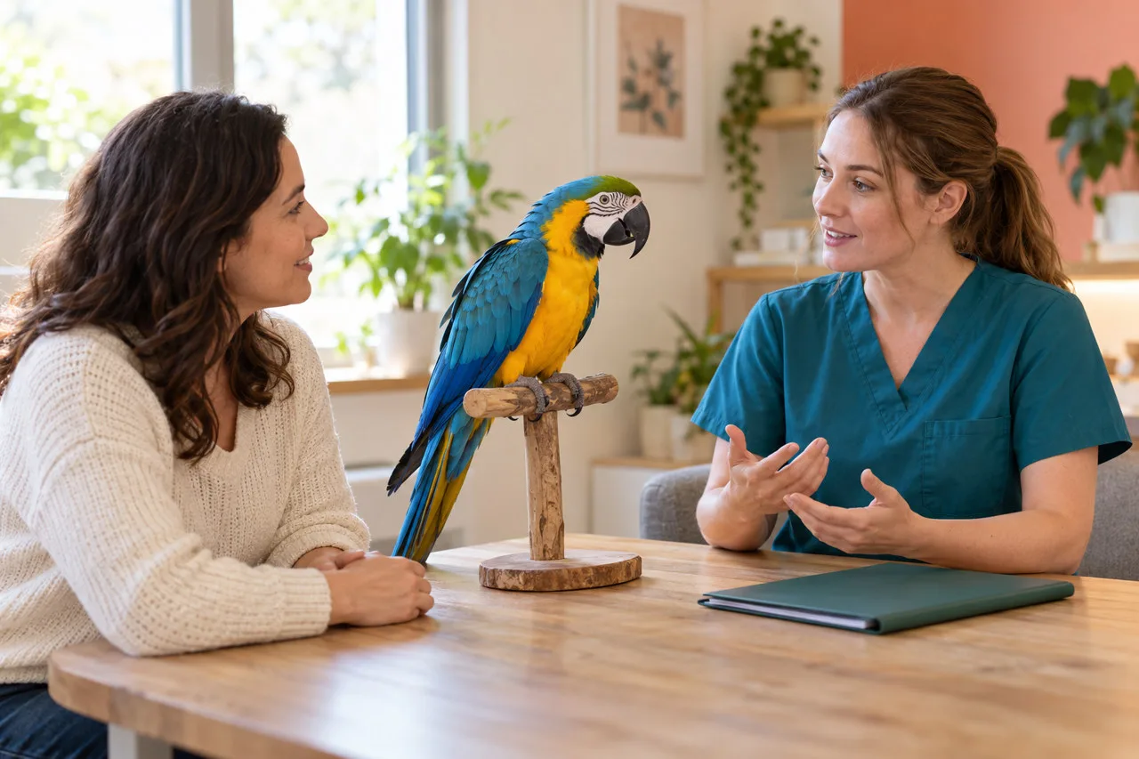Blue-and-gold macaw on a perch between its owner and a veterinarian